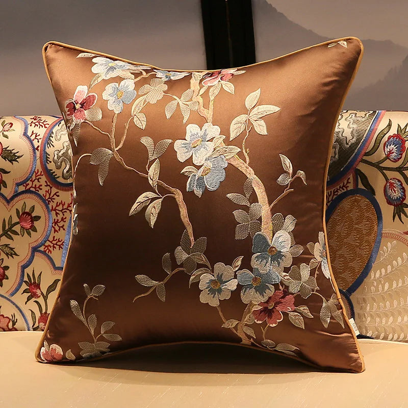 Chinese Style Rose Pattern Silk Cushion Cover Chinese Style Coffee Lack Blue Pillowcases Luxury Birds Flowers Pillow Cover